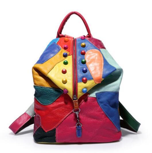 Retro Genuine Leather Backpack Sheepskin Lady Backpack Designer Travel Colorful Patchwork Luxury Shopper Bag Mochila