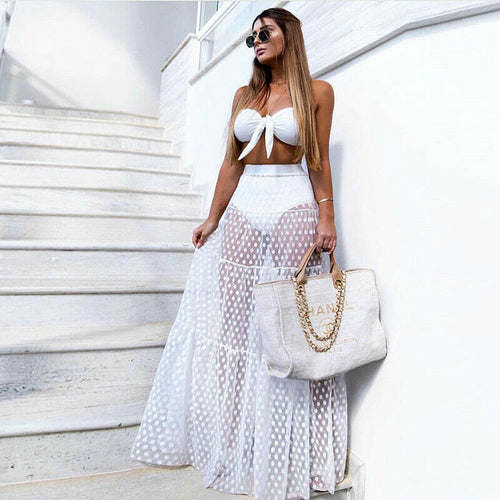 Women Sexy Long Skirt High Waist Dot Skirt Summer Transparent Long