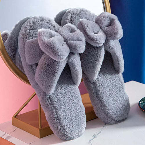 Women Slippers Winter Soft Bow Open Toe Home Cotton Shoes