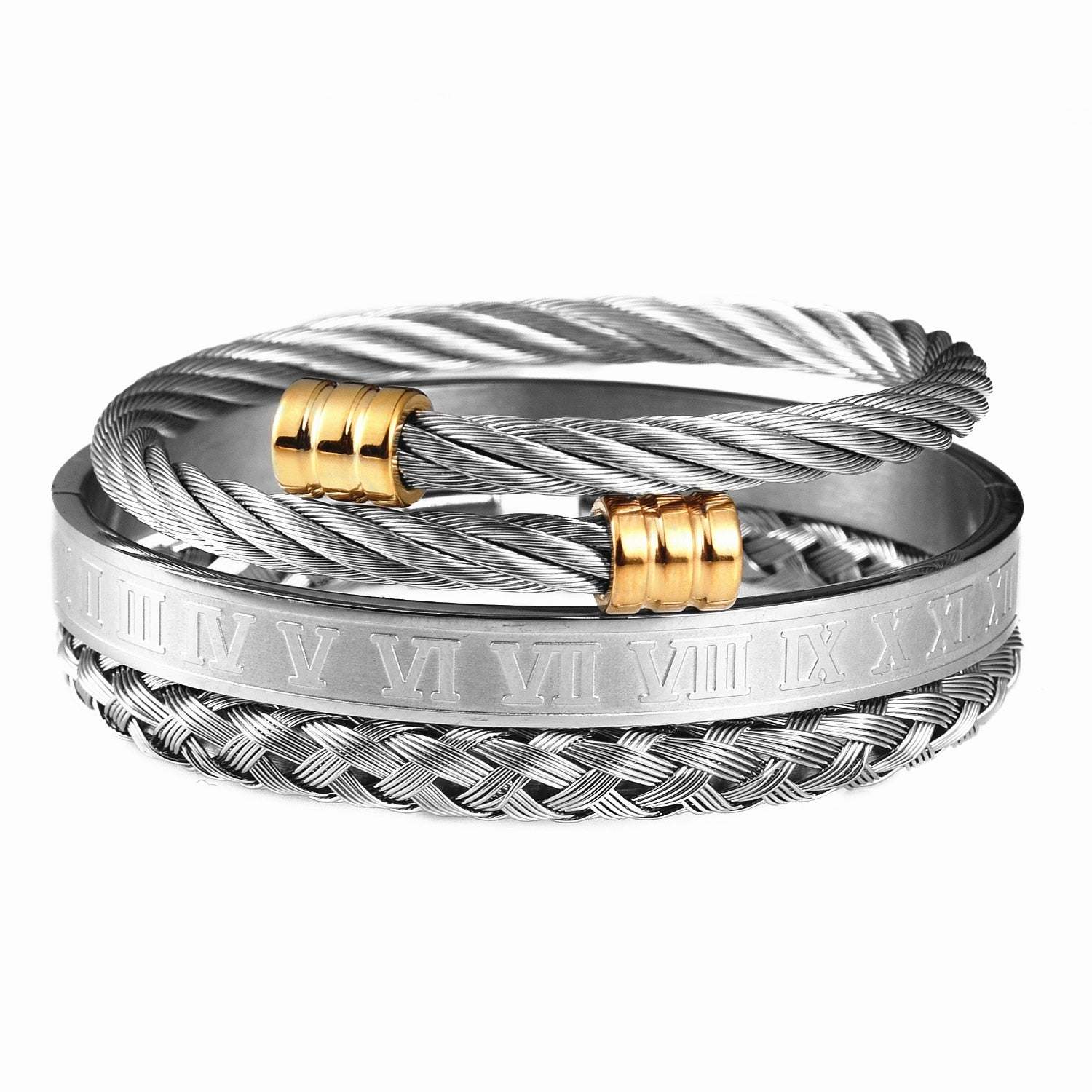 Luxury 3pcs/Set Stainless Steel Bracelet Hip Hop Men Jewelry Roman Number Charm Gold Color Jewelry For Men Pulseira Bileklik