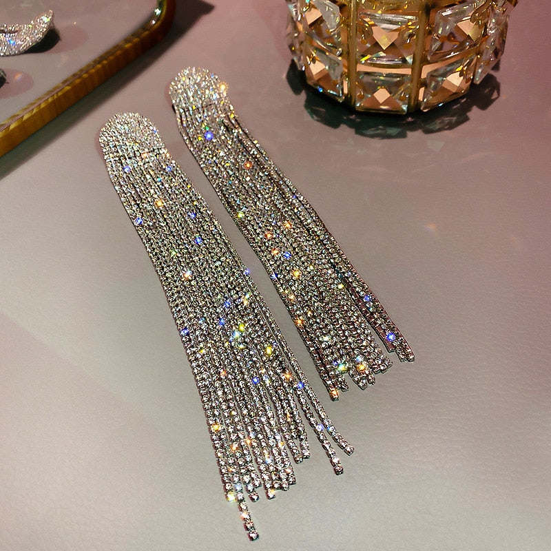 Long Crystal Tassel Drop Earrings for Women Rhinestone Shiny Hanging Dangle Earrings Wedding Party Jewelry Gift