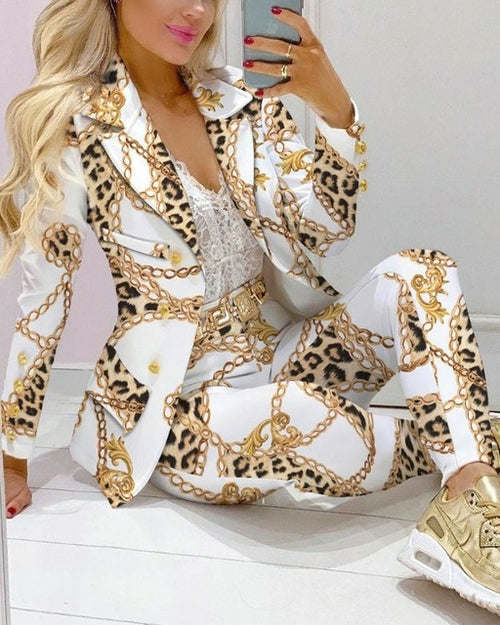 Printed Paisley Plaid Women's Set Long Sleeve Blazer Pants Suit