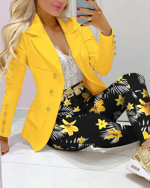 Printed Paisley Plaid Women's Set Long Sleeve Blazer Pants Suit