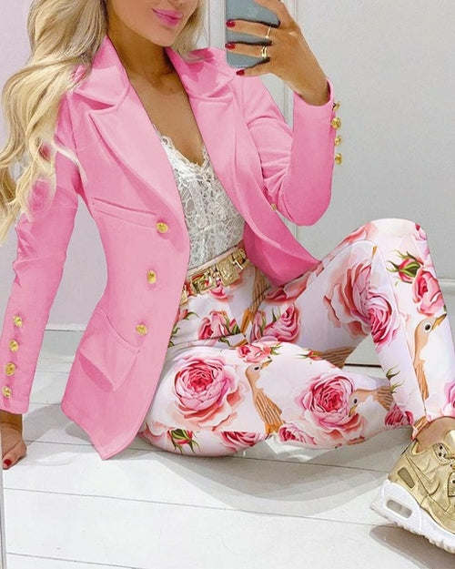 Printed Paisley Plaid Women's Set Long Sleeve Blazer Pants Suit