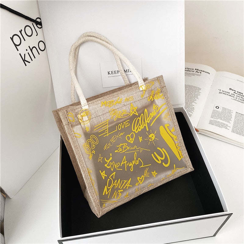 Clear Graffiti Handbag Crystal PVC Transparent Bags Women Fashion Shoulder Beach Jelly Purse Plastic Tote Trends Brand Clutch