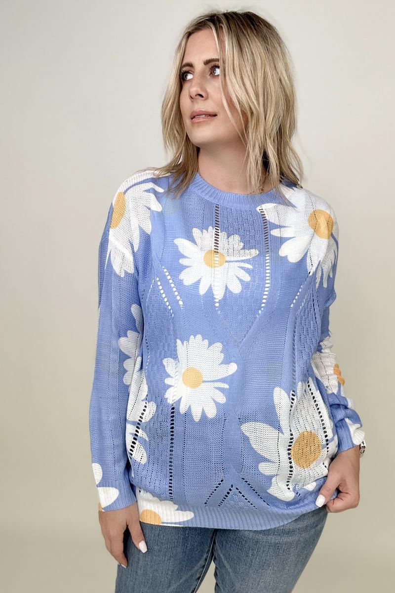 Daisy Print Crew Neck Loose Knit Top