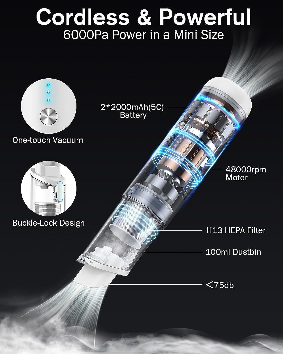 MOOKA Cordless Car Vacuum Rechargeable, 1.1LB Lightweight Portable Mini Vacuum for Car,Home, Dual Filtration Handheld Vacuum Cleaner with Blower, 6000