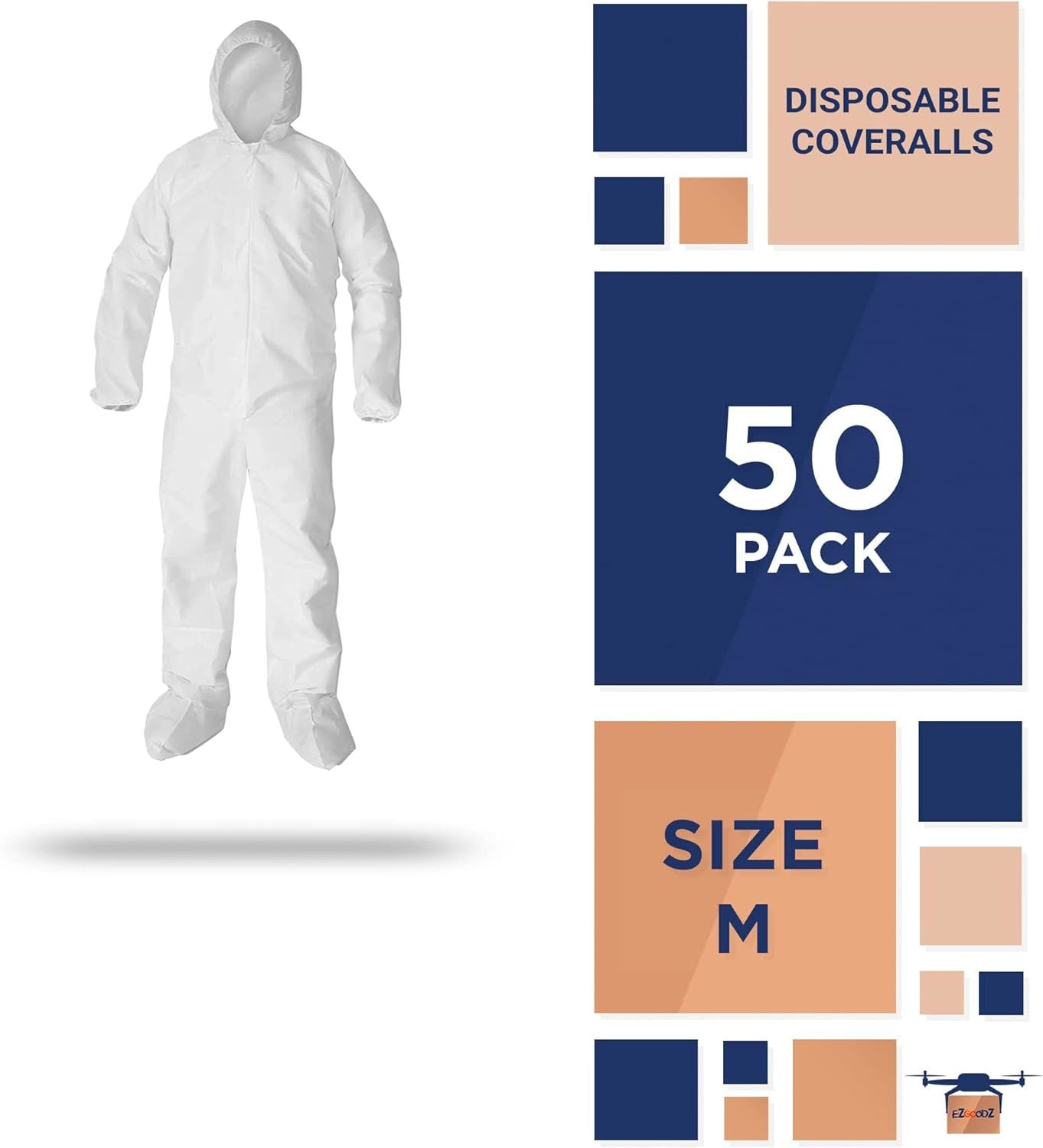 Disposable Coveralls with Hood, Boots Medium, Pack of 50 White Paint Coveralls Disposable, SF PP 60 GSM Waterproof Hazmat Suits Disposable, Elastic Wr