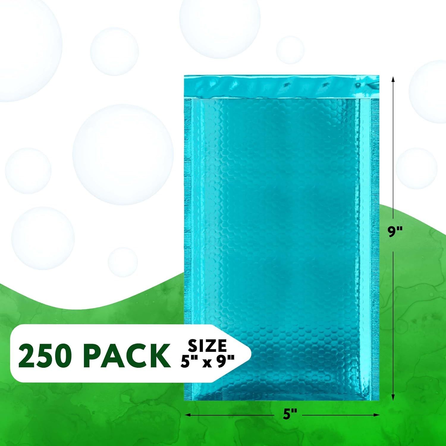 Teal Metallic Bubble Mailers, 5 x 9 Inches. Pack of 250 Bright Metallic Bubble Envelope. Self-Seal Foil Shipping Envelopes. Waterproof Poly Mailers Me