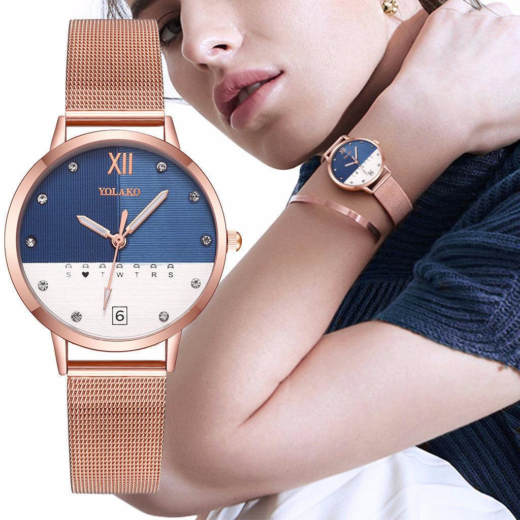 YOLAKO Watch Mesh Band Women Rose Gold Stainless Steel Belt Double Color Matching Watch Luxury Ladies Quartz Clock Reloj Muje