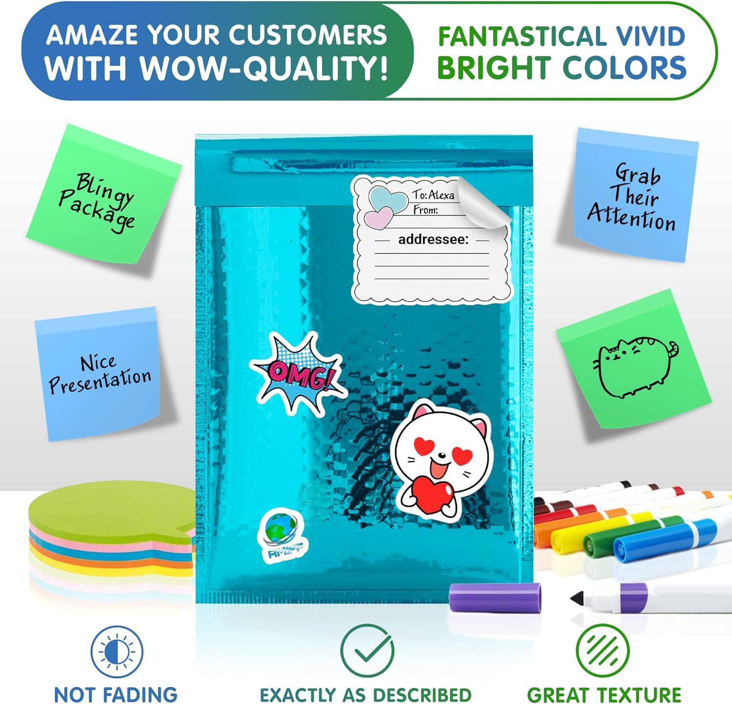 Teal Metallic Bubble Mailers 7.25" x 7", Pack of 25 Opaque Mail Bubble Envelopes with Sturdy Adhesive Line, Reliable Padded Shipping Envelopes, Waterp