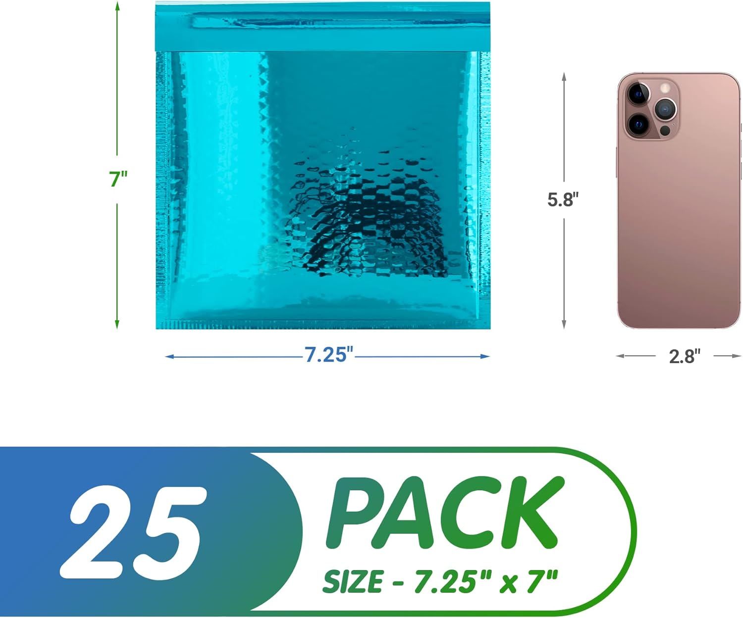 Teal Metallic Bubble Mailers 7.25" x 7", Pack of 25 Opaque Mail Bubble Envelopes with Sturdy Adhesive Line, Reliable Padded Shipping Envelopes, Waterp