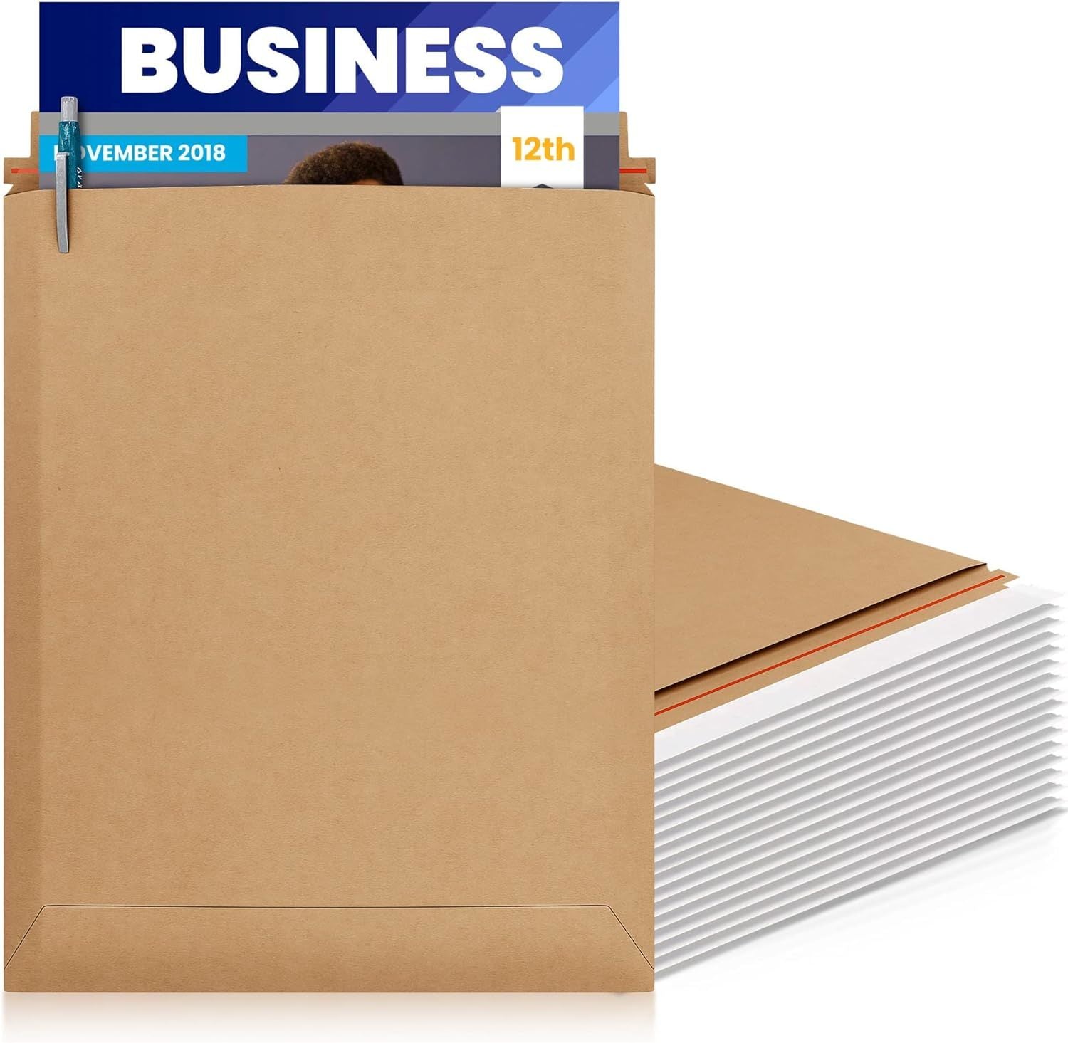Rigid Mailers 11 x 13.5 Inch. Pack of 25 Brown Cardboard Envelopes with Sturdy Glue, Tear-Off Strip. Recyclable Rigid Cardboard Mailers. 550 GSM Stay 