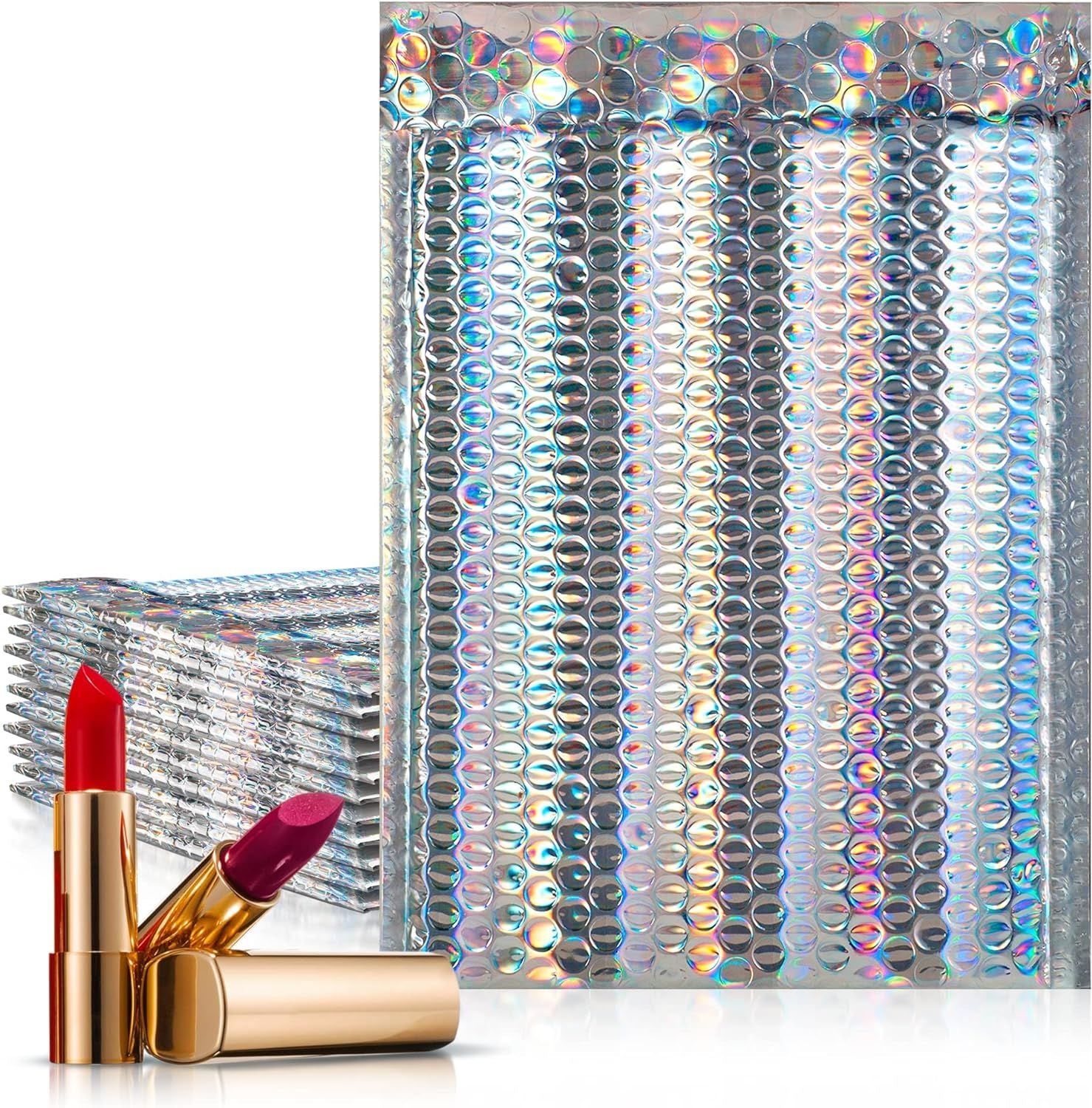 Holographic Bubble Mailers 7 x 11 Inch, Pack of 10 Glamour Bubble Mailers, Self-Seal Metallic Bubble Envelope, Lightweight Holographic Shipping Bags f