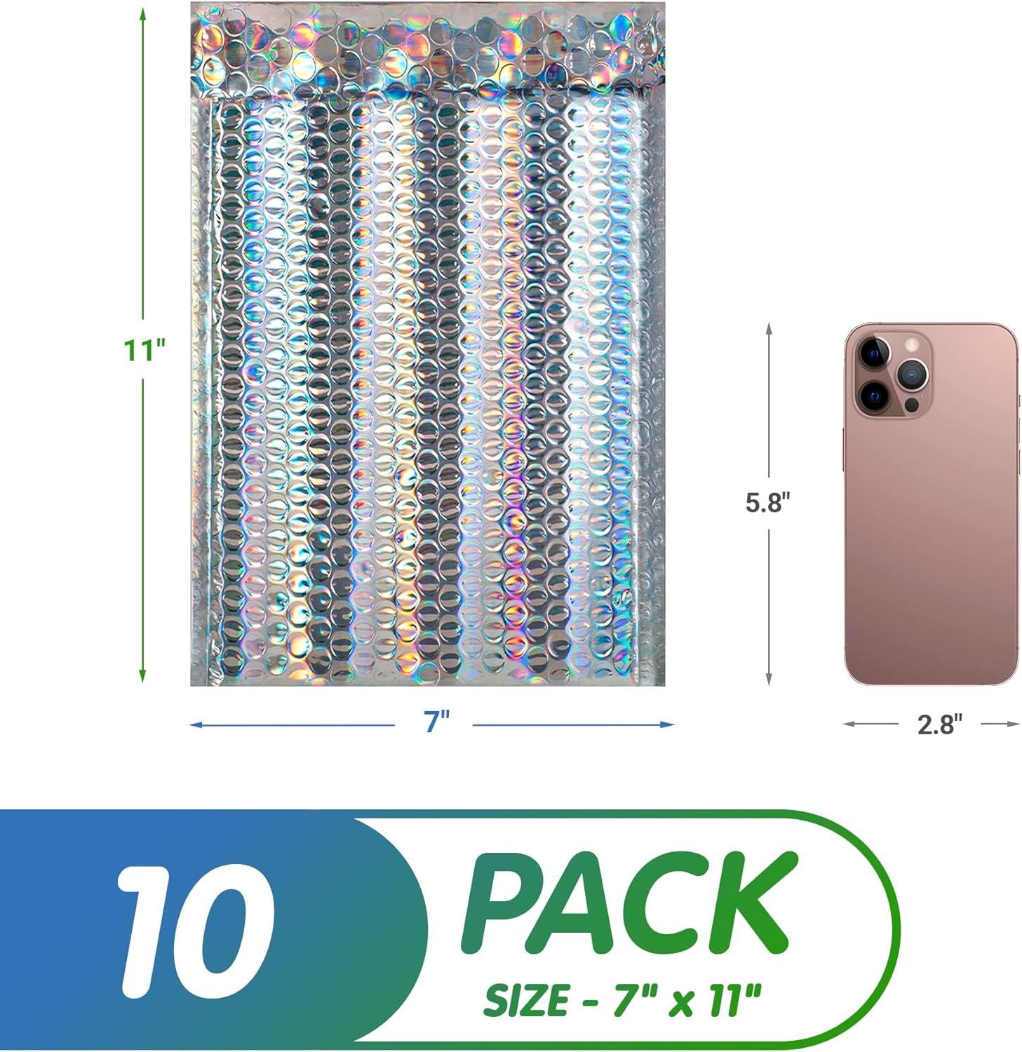 Holographic Bubble Mailers 7 x 11 Inch, Pack of 10 Glamour Bubble Mailers, Self-Seal Metallic Bubble Envelope, Lightweight Holographic Shipping Bags f