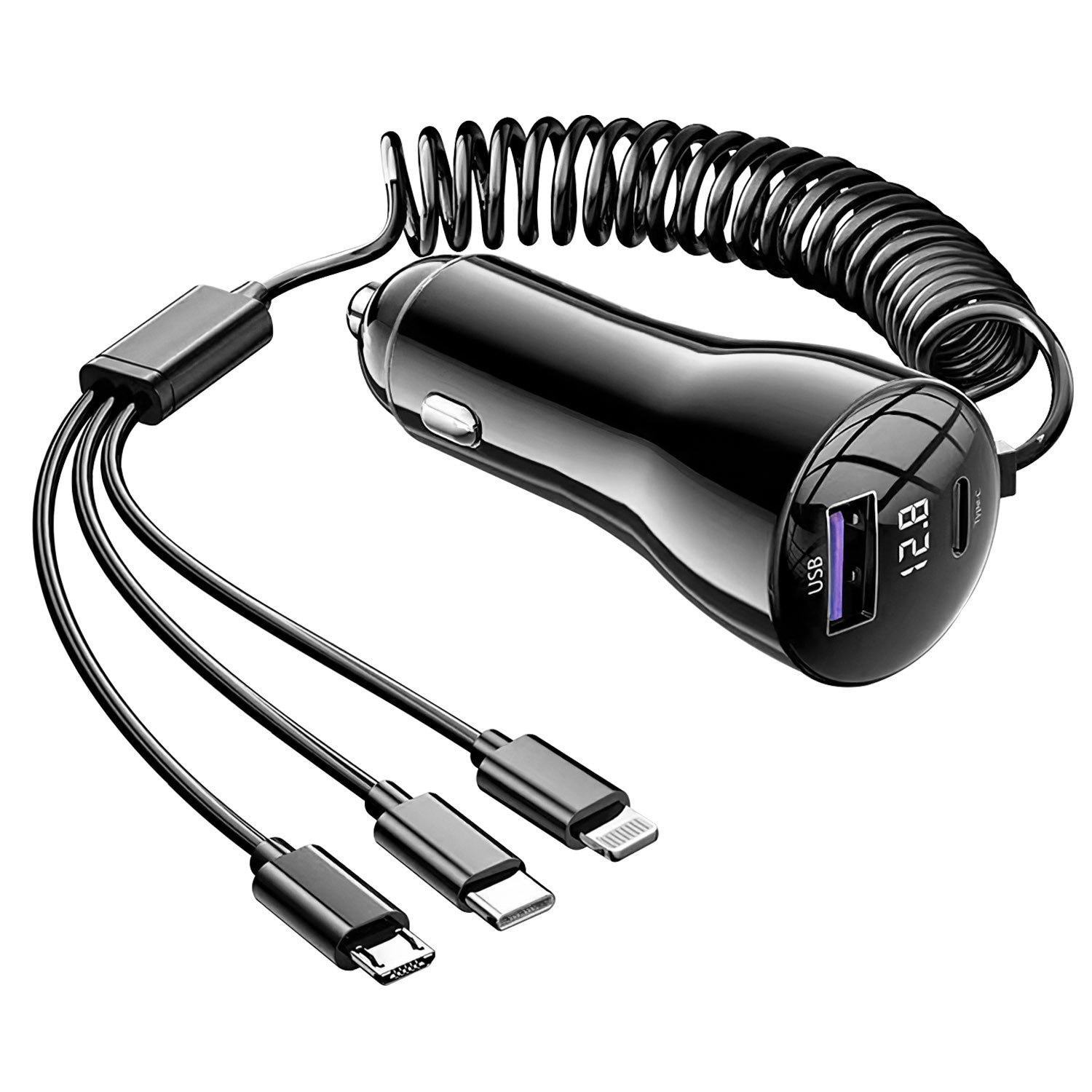 125W 5 In 1 Fast Charge Car Charger QC PD USB Type C LT 5 Port Car Cigarette Lighter with 4FT Coiled Cable Voltage Monitor Fit For IOS Phone IPad Sams