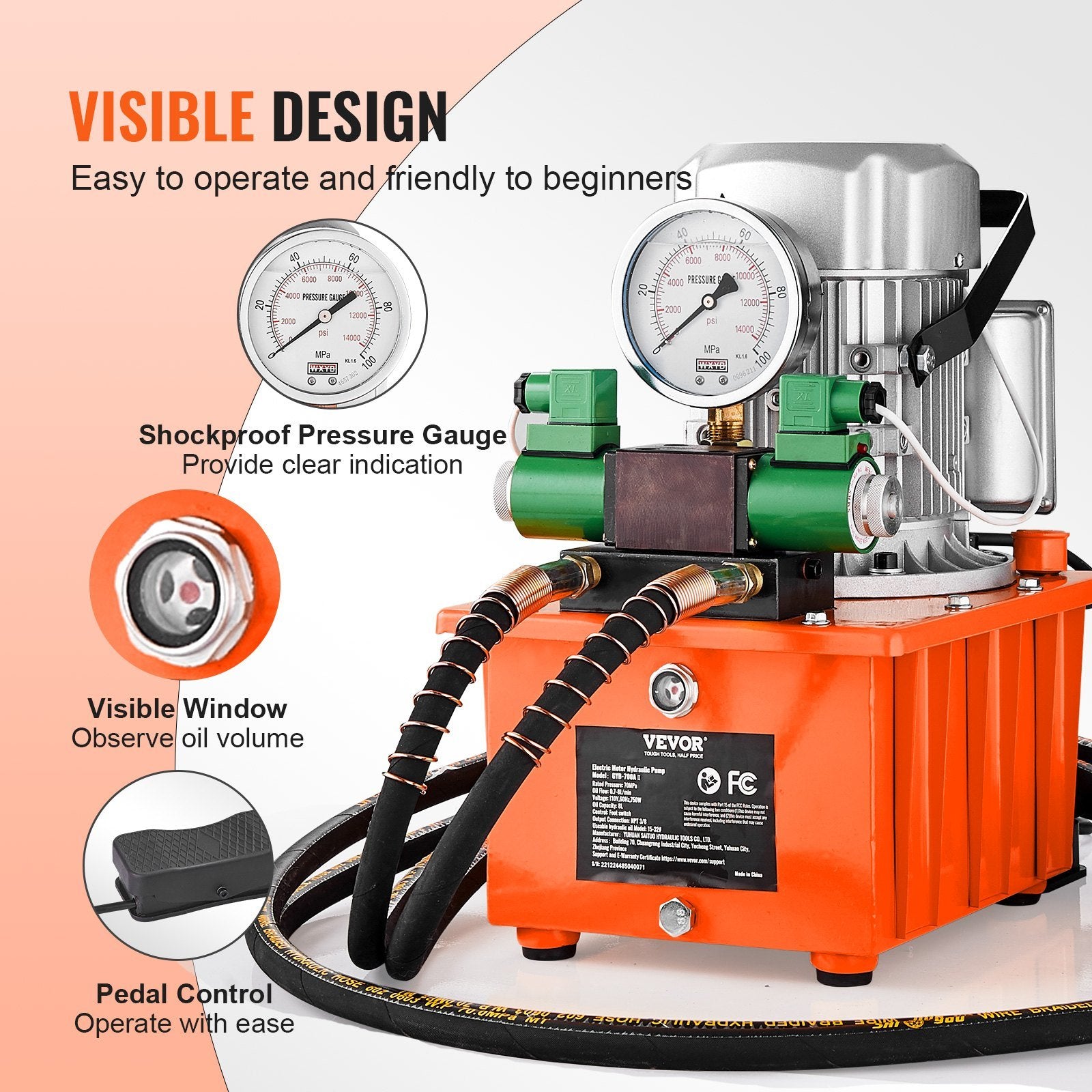 VEVOR Electric Hydraulic Pump, 10000 PSI 750W 110V 488 in³/8L Capacity, Double Acting Solenoid Valve, Electric Driven Hydraulic Pump Power Pack Unit w