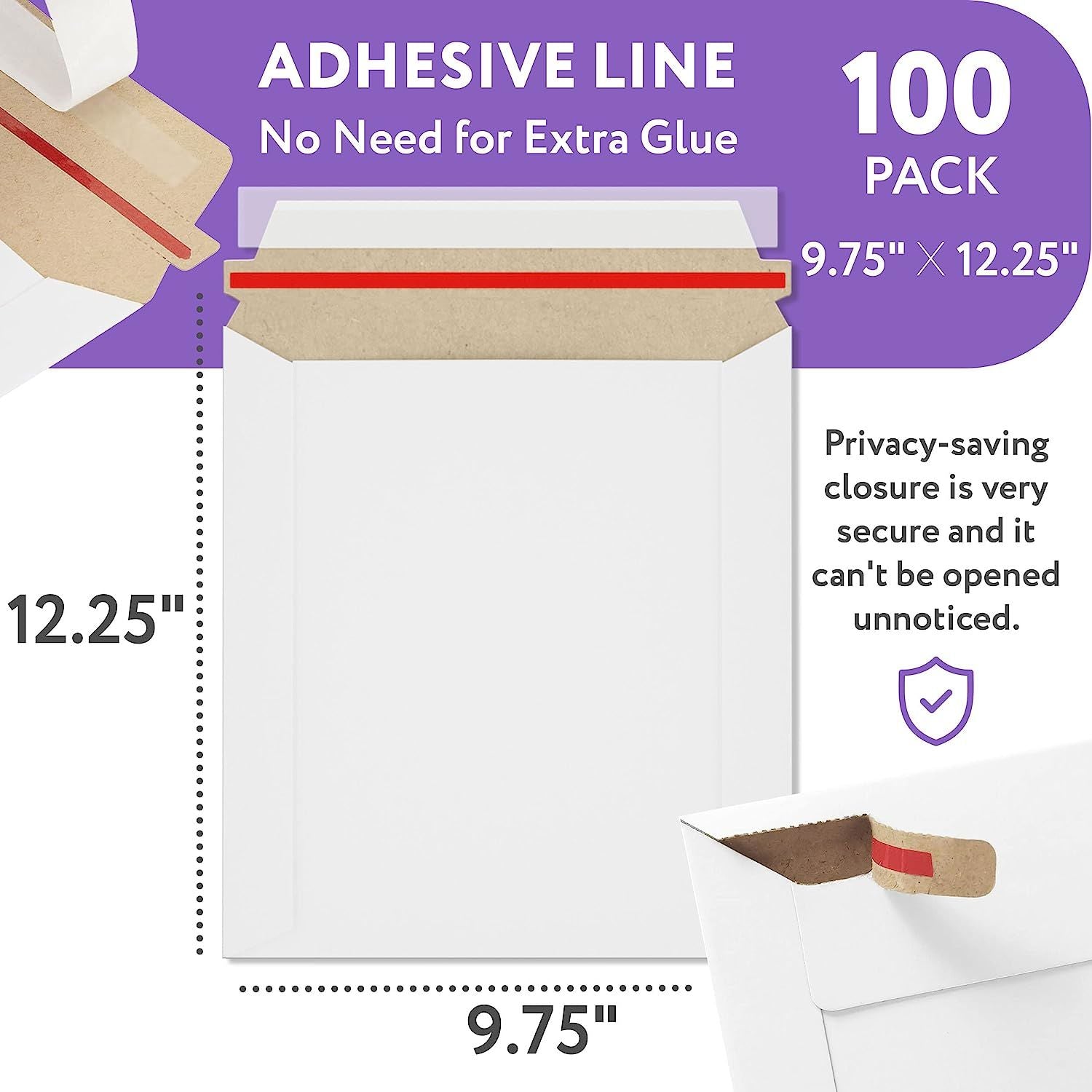 Kraft Cardboard Mailers 9.75 x 12.25 Inch, Pack of 100 White Rigid Cardboard Envelopes with Tear-off Strip, Sturdy Glue, Durable Rigid Mailers, Odorle