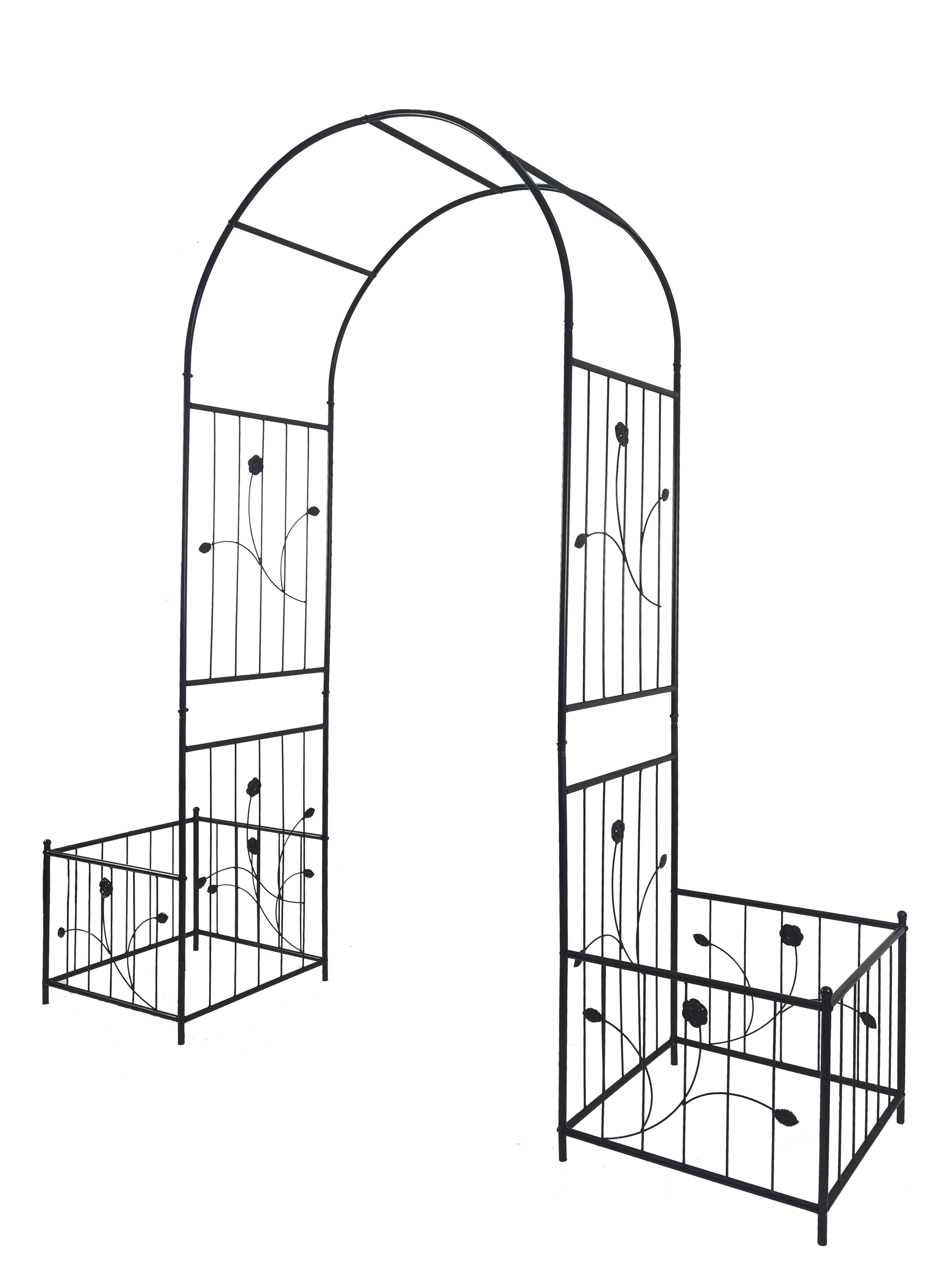 Metal Garden Arch with two plant stands 79.5'' Wide x 86.6'' High Climbing Plants Support Rose Arch Outdoor Black