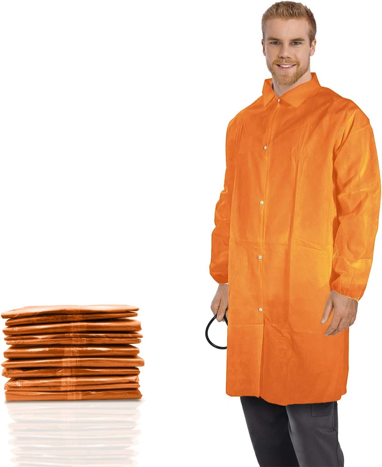 Pack of 30 Orange Lab Jackets. L size. Elastic Wrists, 4 Snap Front, Collar, No Pockets. Polypropylene Jackets. Safety Visitor Jacket. Disposable Work