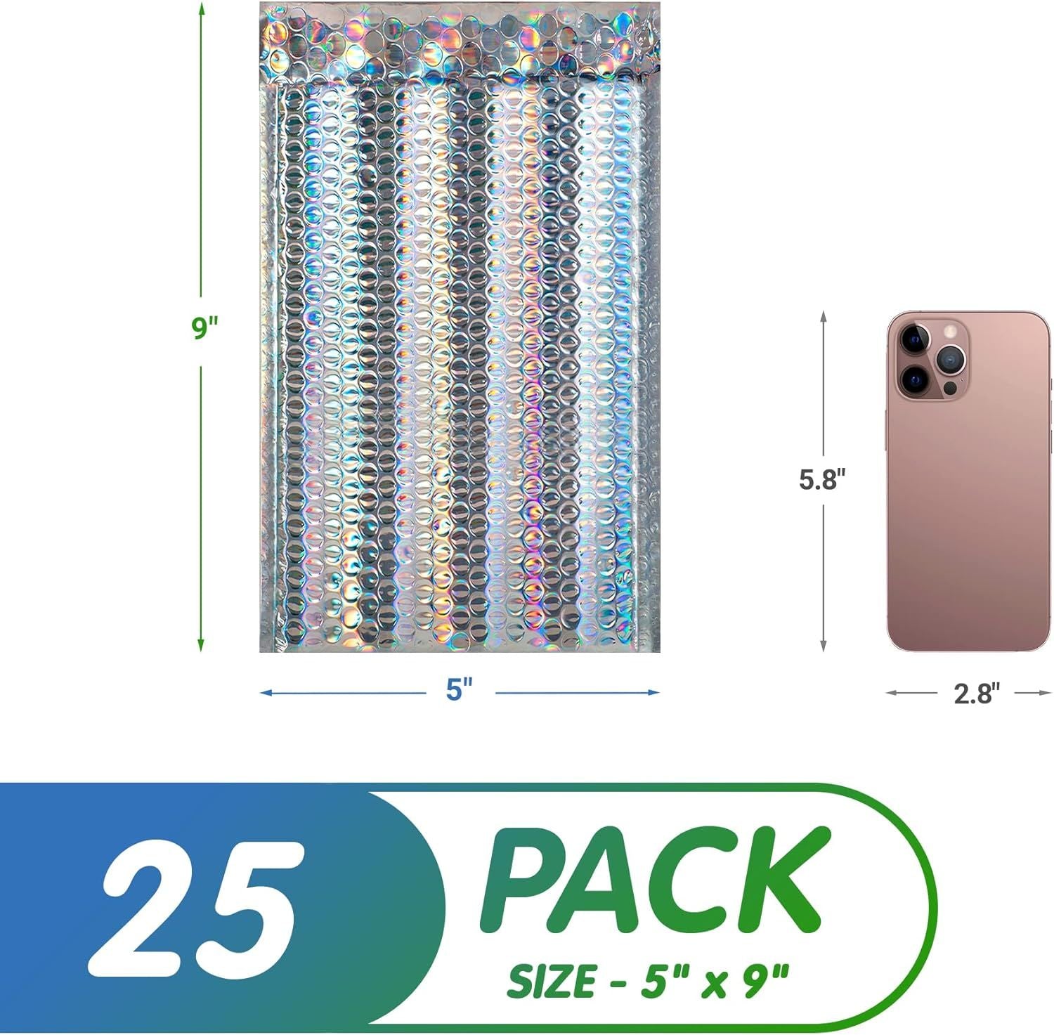 Metallic Bubble Mailers 5 x 9 Inch, Pack of 25 Holographic Bubble Mailers Metallic with Sturdy Adhesive Seal, Cushioning Opaque Metallic Bubble Envelo