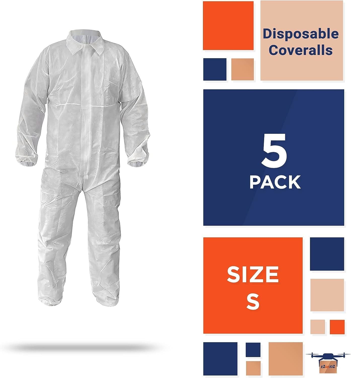 White Hazmat Suits Disposable Small, Polypropylene Disposable Coveralls for Men/Women 5 Pack, Breathable Unisex Disposable Paint Suits 30 GSM with Fro
