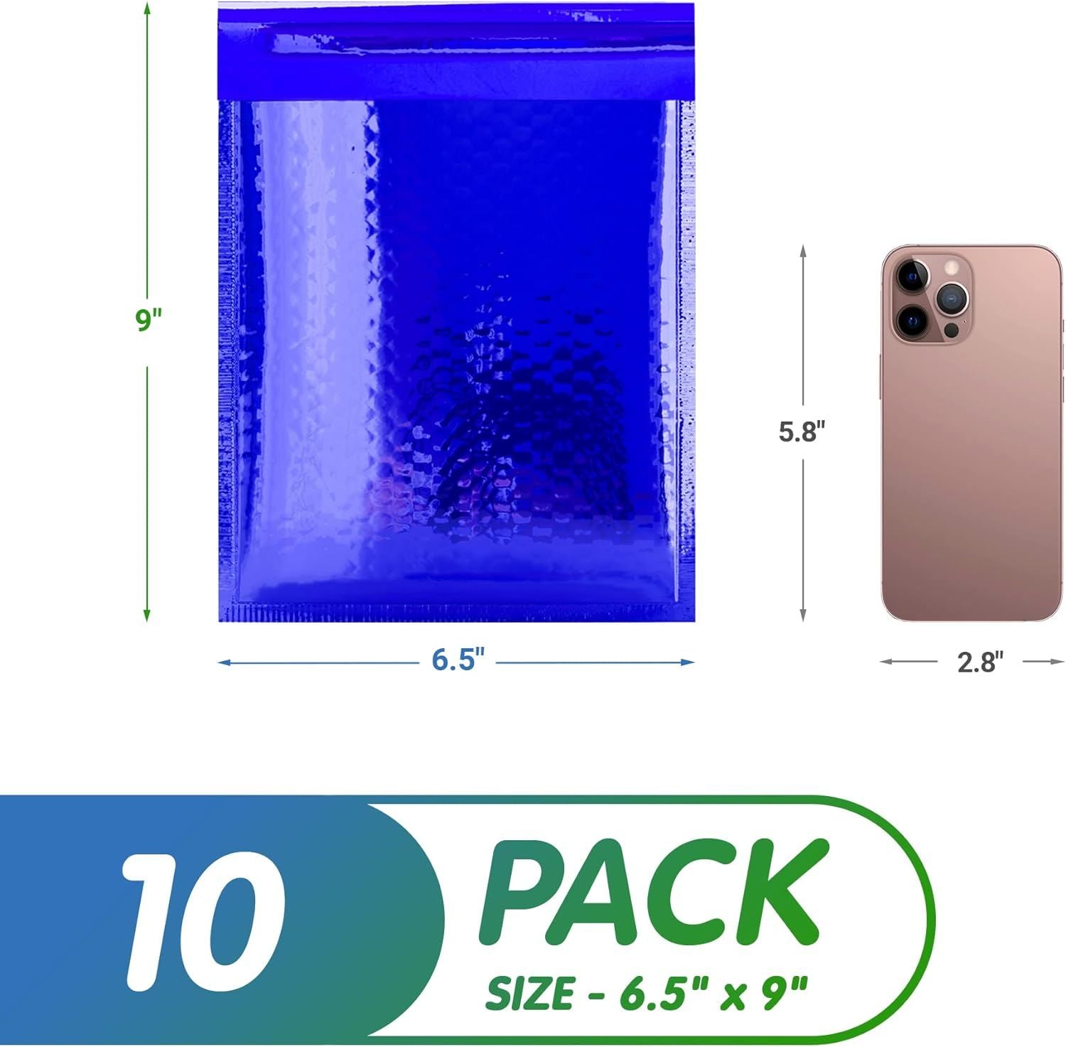 Blue Metallic Bubble Mailers 6.5 x 9 inch. Pack of 10 Glossy Bubble Mailers Metallic. Waterproof Self Adhesive Metallic Bubble Envelope. Lightweight &