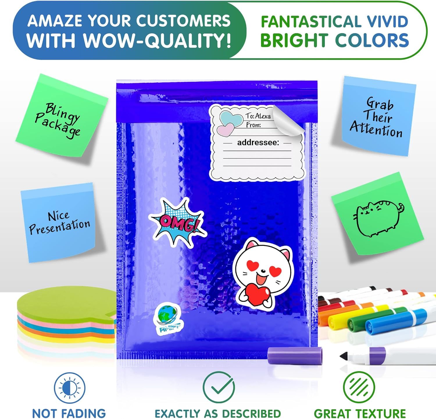 Blue Metallic Bubble Mailers 6.5 x 9 inch. Pack of 10 Glossy Bubble Mailers Metallic. Waterproof Self Adhesive Metallic Bubble Envelope. Lightweight &