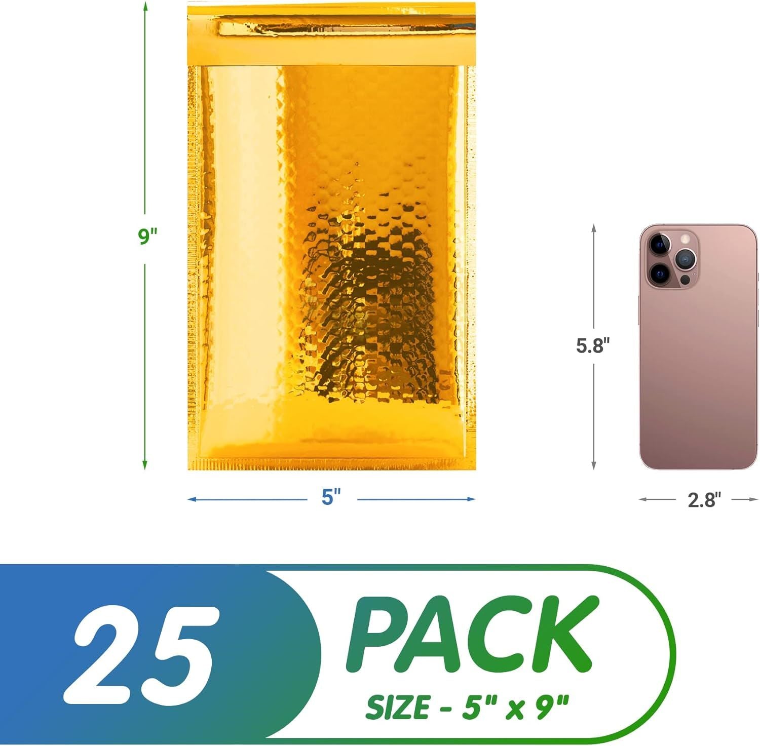 Gold Metallic Bubble Mailers 5 x 9 inch. Pack of 25 Glossy Bubble Mailers Metallic. Waterproof Self Adhesive Metallic Bubble Envelope. Lightweight & H