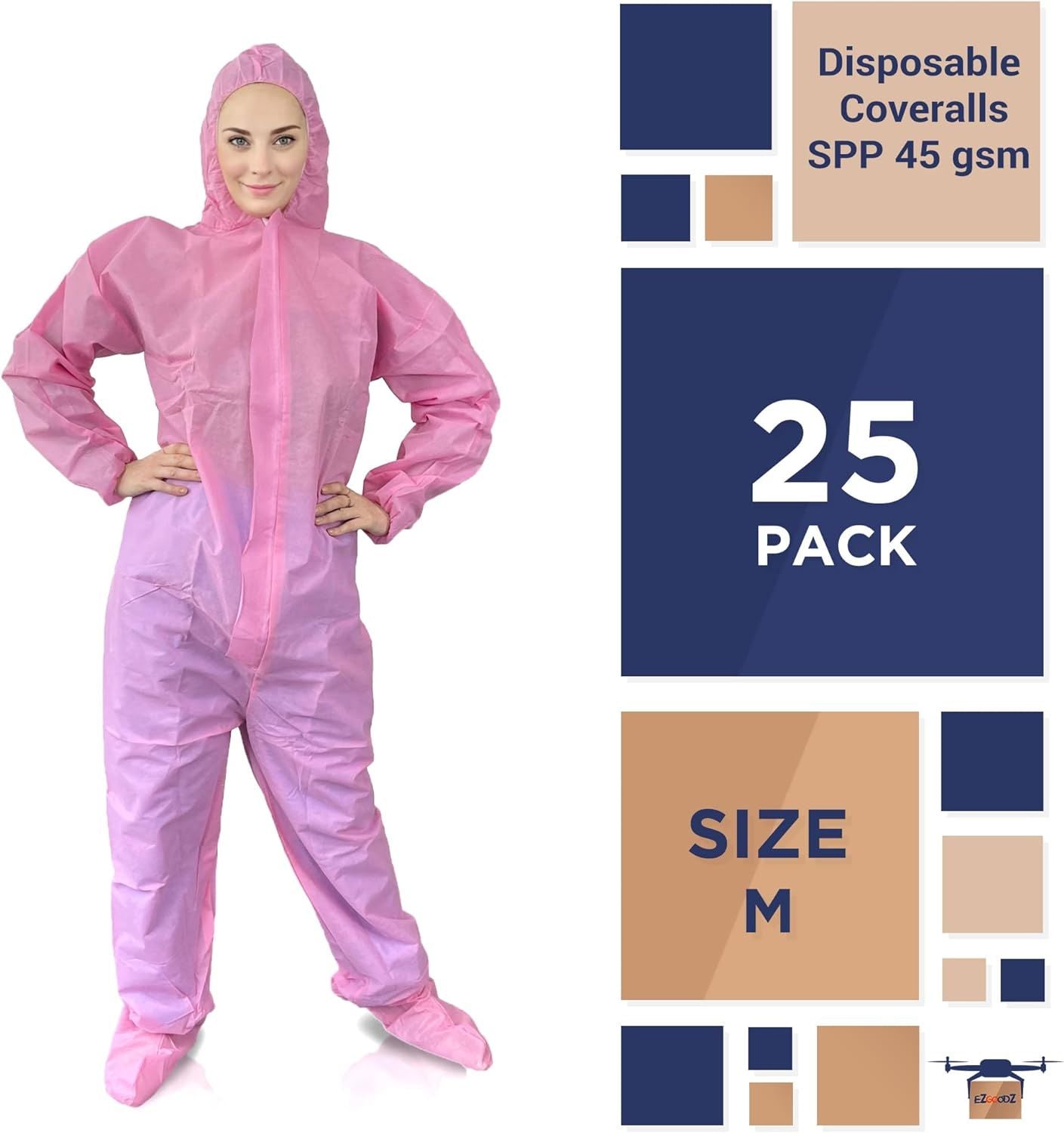 Disposable Coveralls with Hood, Boots, Zip, Elastic Cuffs and Ankles, Pack of 25 Medium Pink Hazmat Suits Disposable, SPP 45gsm Disposable Hazmat Suit