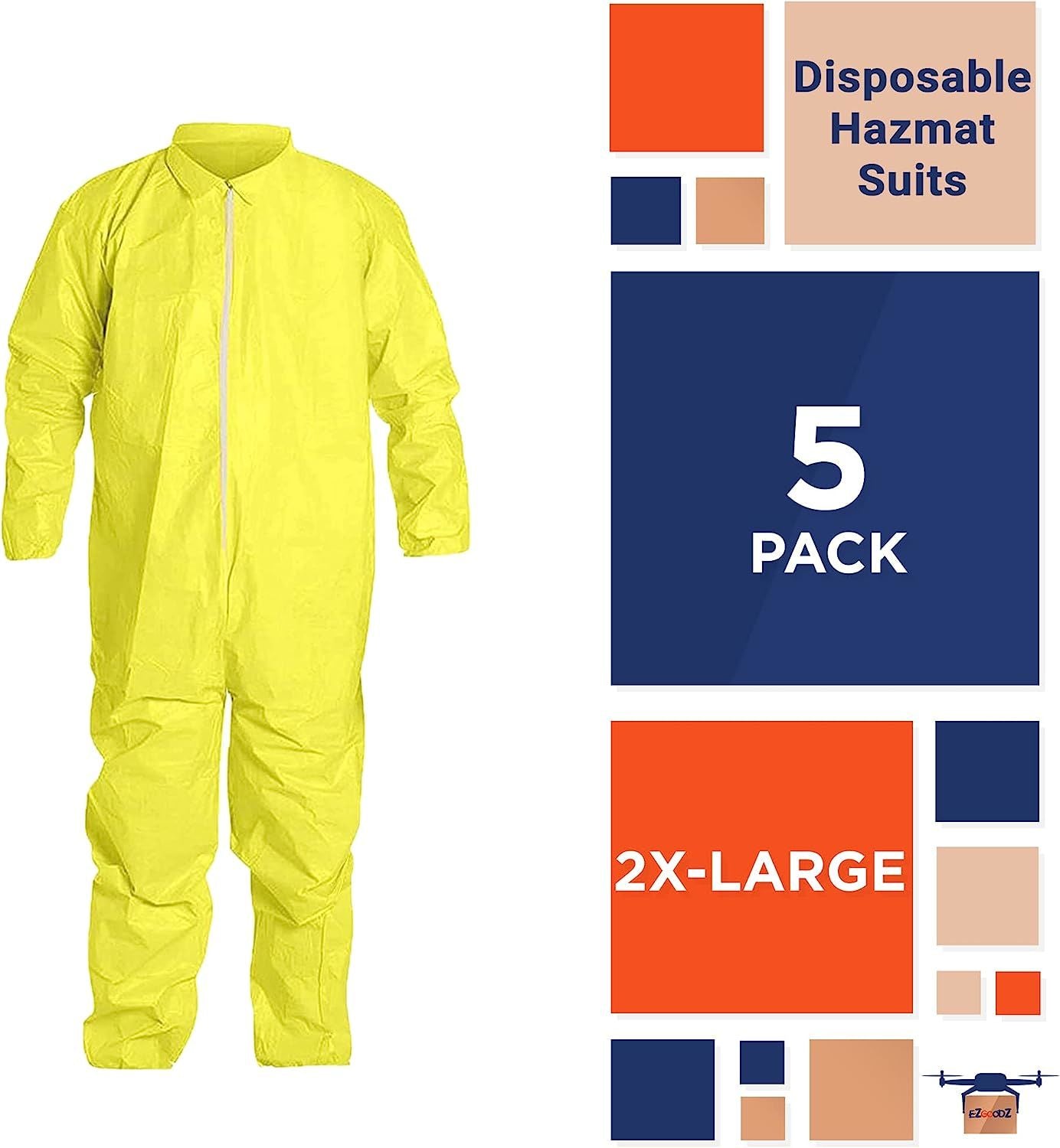 Disposable Hazmat Suits 2X-Large. Pack of 5 Yellow Disposable Coveralls. 82 gsm Polyethylene Polypropylene Protective Suits. Painters Suit with Open C
