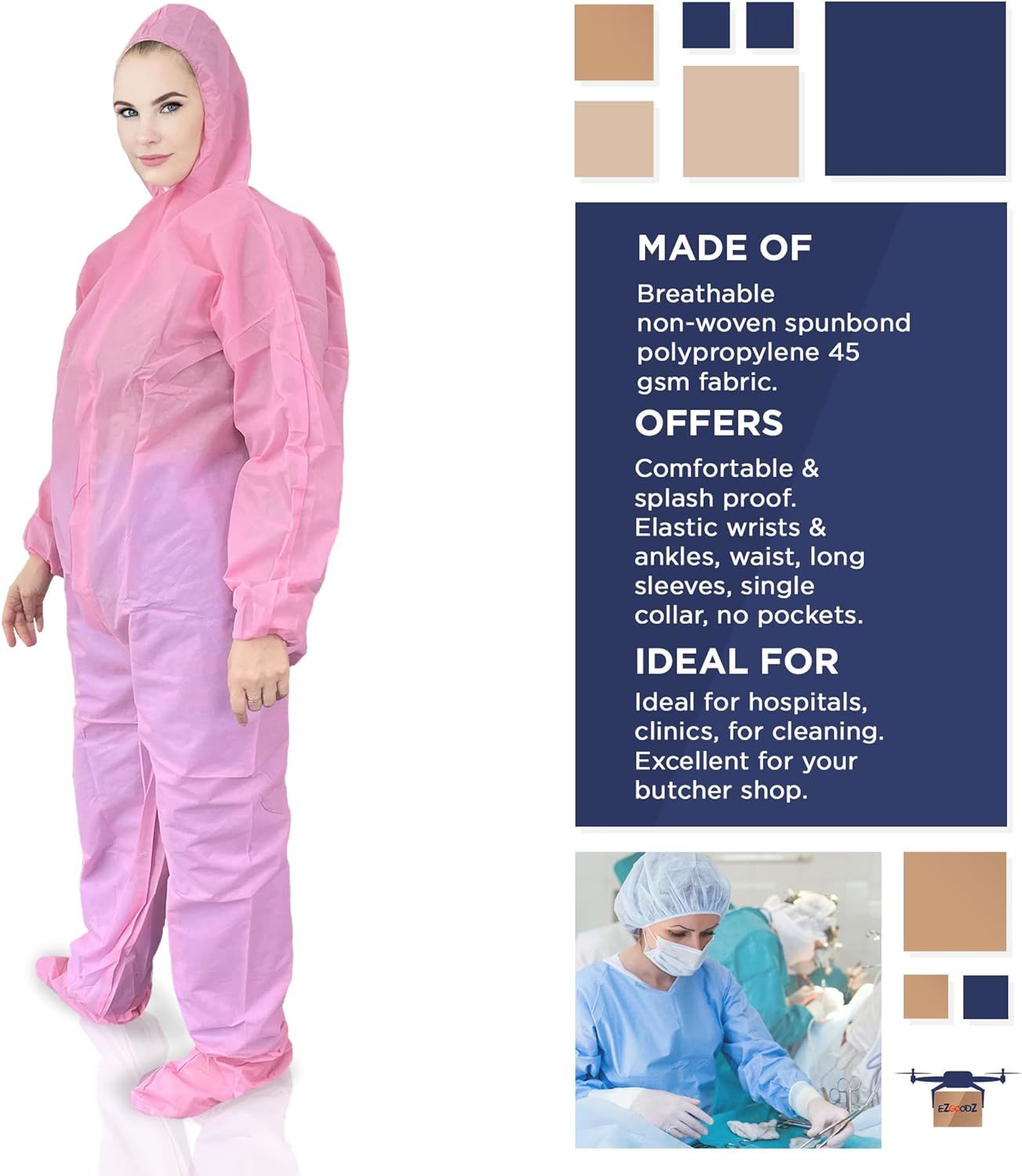 Disposable Coveralls with Hood, Boots, Zip, Elastic Cuffs and Ankles, Pack of 25 Large Pink Hazmat Suits Disposable, SPP 45gsm Disposable Hazmat Suit 
