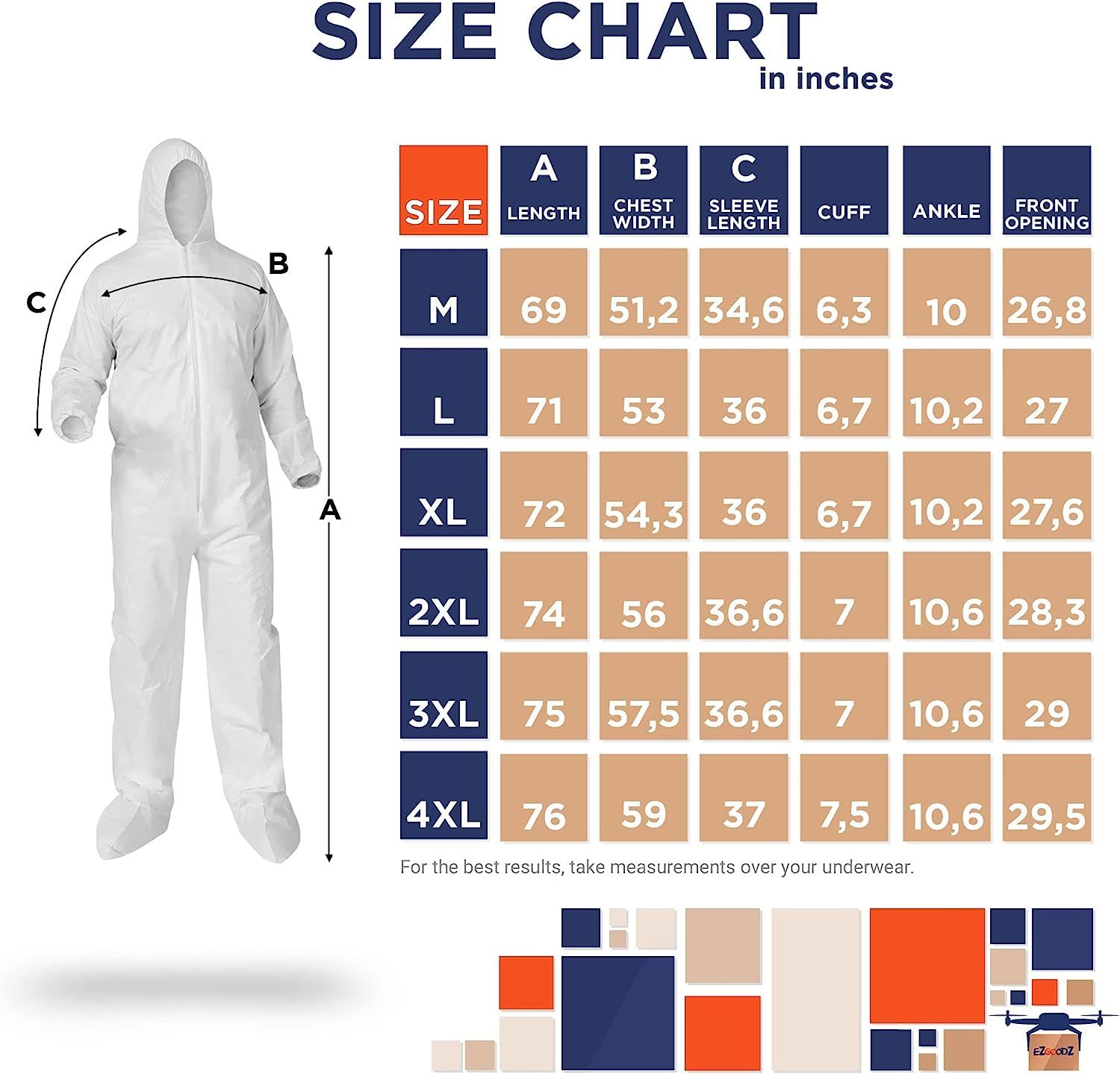 Disposable SF Coveralls, 71" Long. Pack of 5 White Large Body Protective Suits. Unisex Polypropylene 50 gsm Workwear with Microporous Film, Hood & Boo