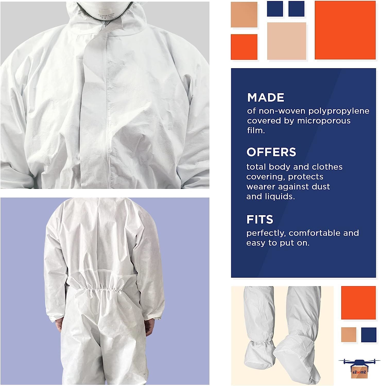 Disposable SF Coveralls, 71" Long. Pack of 5 White Large Body Protective Suits. Unisex Polypropylene 50 gsm Workwear with Microporous Film, Hood & Boo