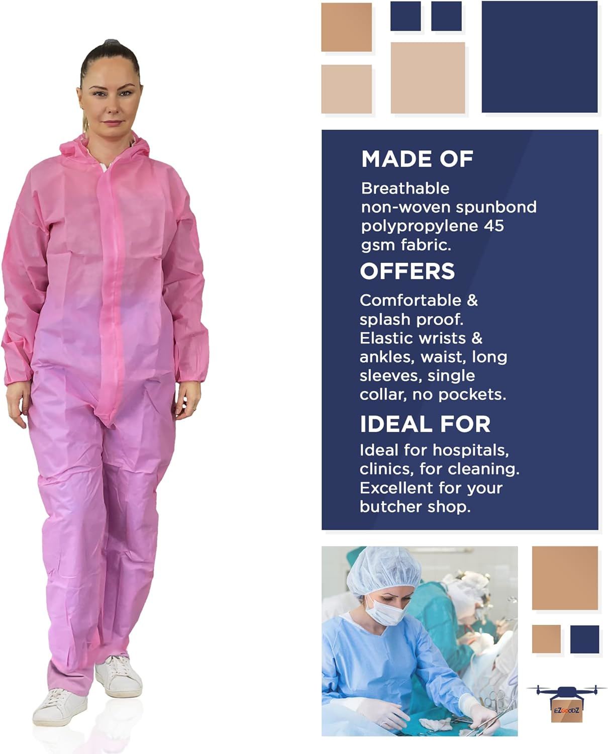 Disposable Coveralls with Hood, Boots, Zip, Elastic Cuffs and Ankles, Pack of 5 Small Pink Hazmat Suits Disposable, SPP 45gsm Disposable Hazmat Suit C