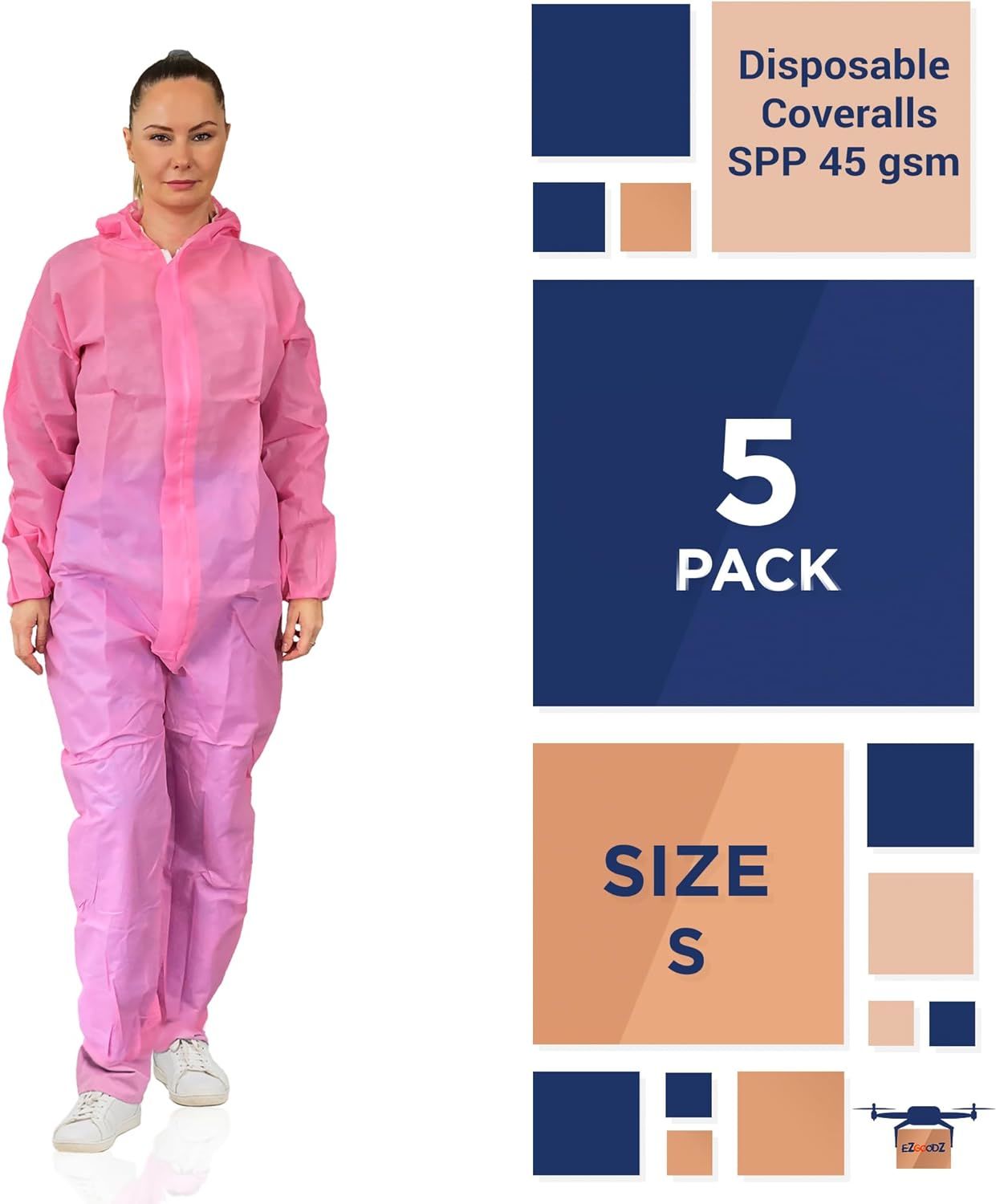 Disposable Coveralls with Hood, Boots, Zip, Elastic Cuffs and Ankles, Pack of 5 Small Pink Hazmat Suits Disposable, SPP 45gsm Disposable Hazmat Suit C