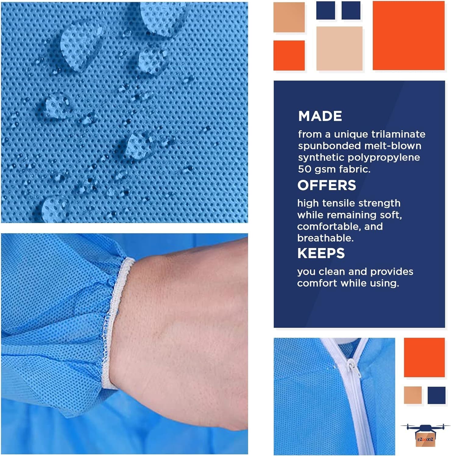 Disposable Coveralls for Men, Women, Pack of 25 Small Blue Hazmat Suits Disposable, SMS 50 gsm Hazmat Suit Costume with Hood, Elastic Wrists, Ankles, 