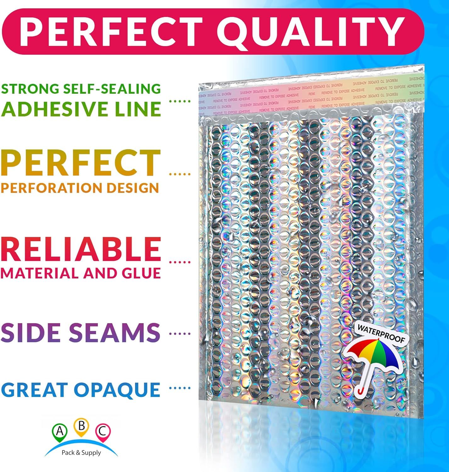 Metallic Bubble Mailers 7.25" x 11", Pack of 25 Holographic Bubble Packaging Envelopes, Water-Resistant Padded Shipping Envelopes, Shiny Shipping Bags