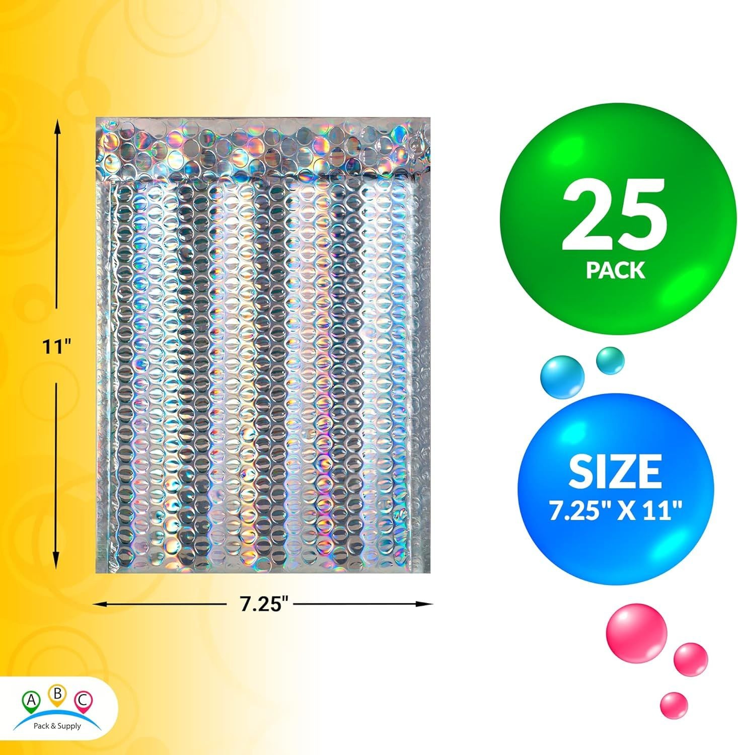 Metallic Bubble Mailers 7.25" x 11", Pack of 25 Holographic Bubble Packaging Envelopes, Water-Resistant Padded Shipping Envelopes, Shiny Shipping Bags