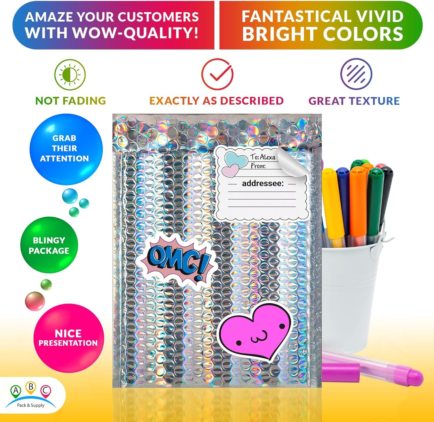 Metallic Bubble Mailers 7.25" x 11", Pack of 25 Holographic Bubble Packaging Envelopes, Water-Resistant Padded Shipping Envelopes, Shiny Shipping Bags