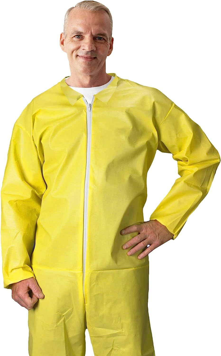 Disposable Hazmat Suits X-Large. Pack of 5 Yellow Disposable Coveralls. 82 gsm Polyethylene Polypropylene Protective Suits. Painters Suit with Open Cu