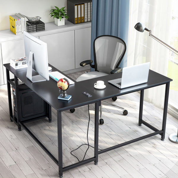 L-Shaped Desktop Computer Desk with Power Outlets & Shelf Tiger Black