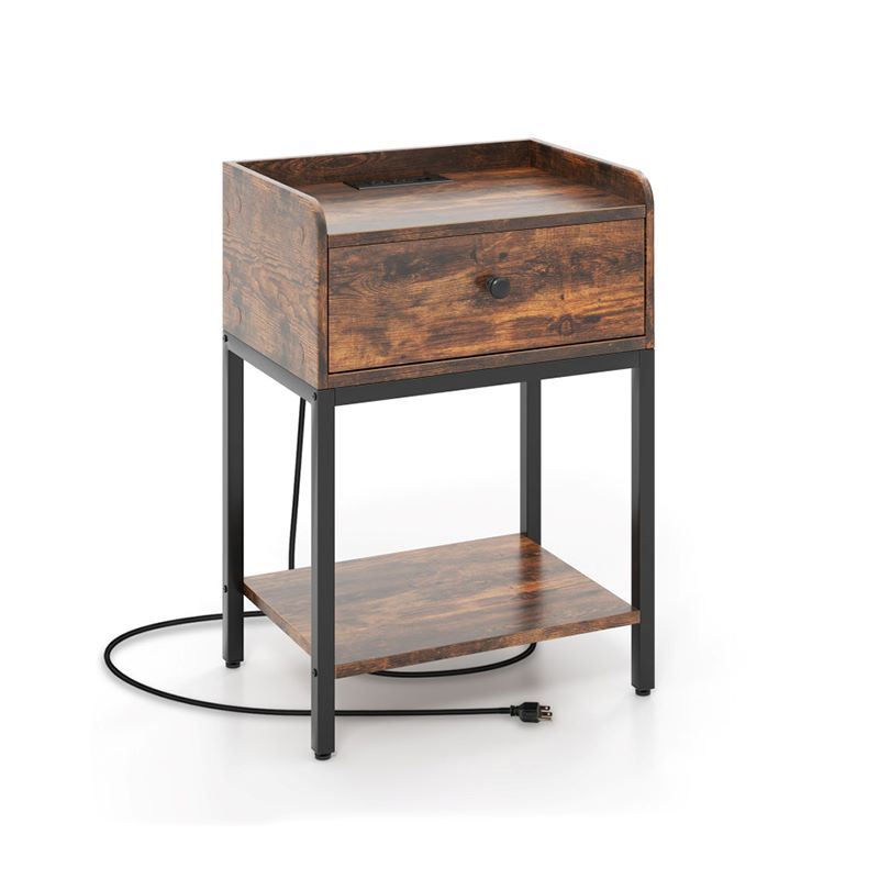 Industrial Style Bedside Table Nightstand with Charging Station