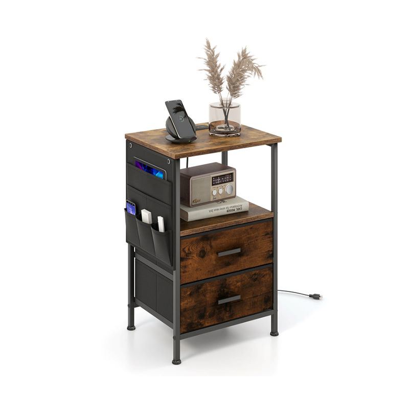 Industrial Style Bedside Table Nightstand with Charging Station