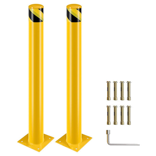 Safety Bollards, 48inch Height Bollard Post, Yellow Powder Coated Safety Parking Barrier Post with 4 Anchor Bolts, Steel Safety Pipe Bollards for High Traffic Areas(2PCS)