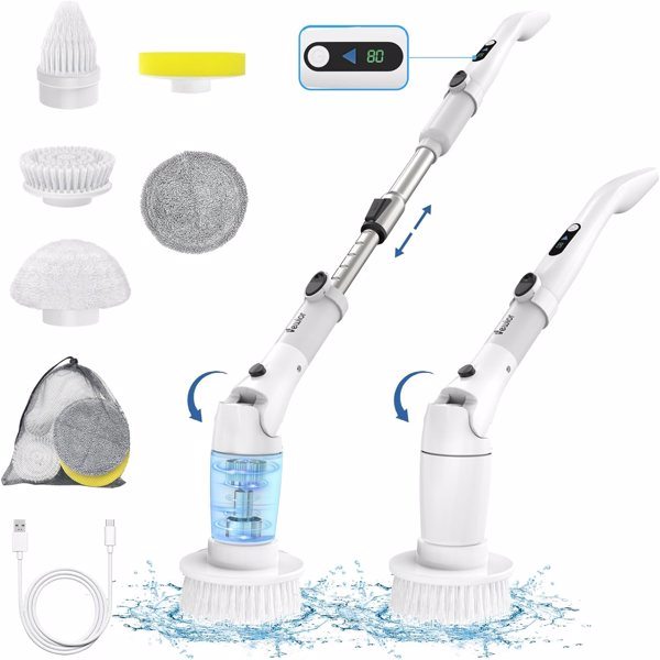 VEWIOR Electric Spin Scrubber, Cordless Cleaning Brush with Display and 3 Adjustable Angle 2 Speeds 5 Replaceable Brush Heads, Power Shower Scrubber with Extension Handle for Floor Bathroom Tile Grout