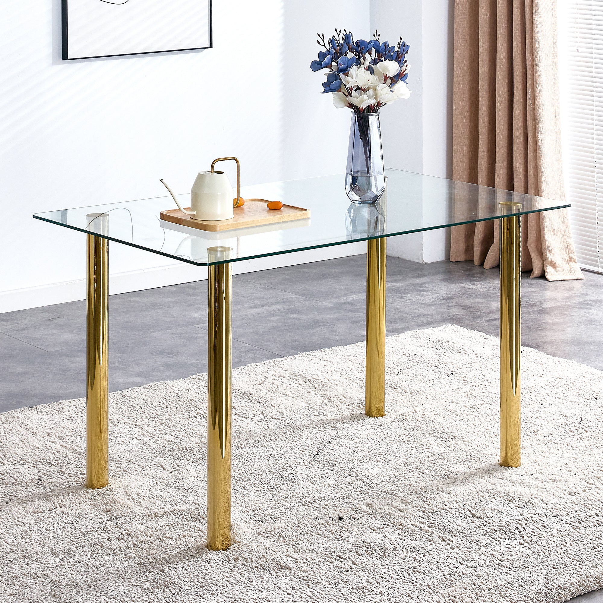 Modern minimalist glass dining table. A transparent tempered glass desktop with a thickness of 0.3 feet and metal legs. Suitable for restaurants and living rooms. 51"*31.4"*29.5"