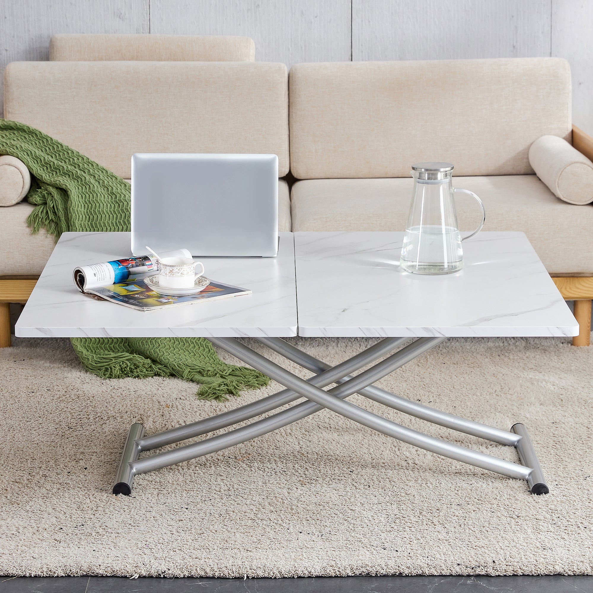 Modern minimalist multifunctional lifting table, 0.8-inch desktop, metal legs, can be used as dressing table, coffee table, dining table, and office desk