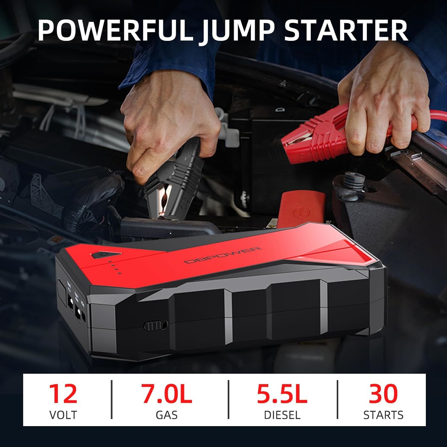 DBPOWER 1000A Portable Car Jump Starter (UP to 7.0L Gas, 5.5L Diesel Engine), 12V Lithium-Ion Auto Battery Booster, Power Pack with LCD Screen Clamp C