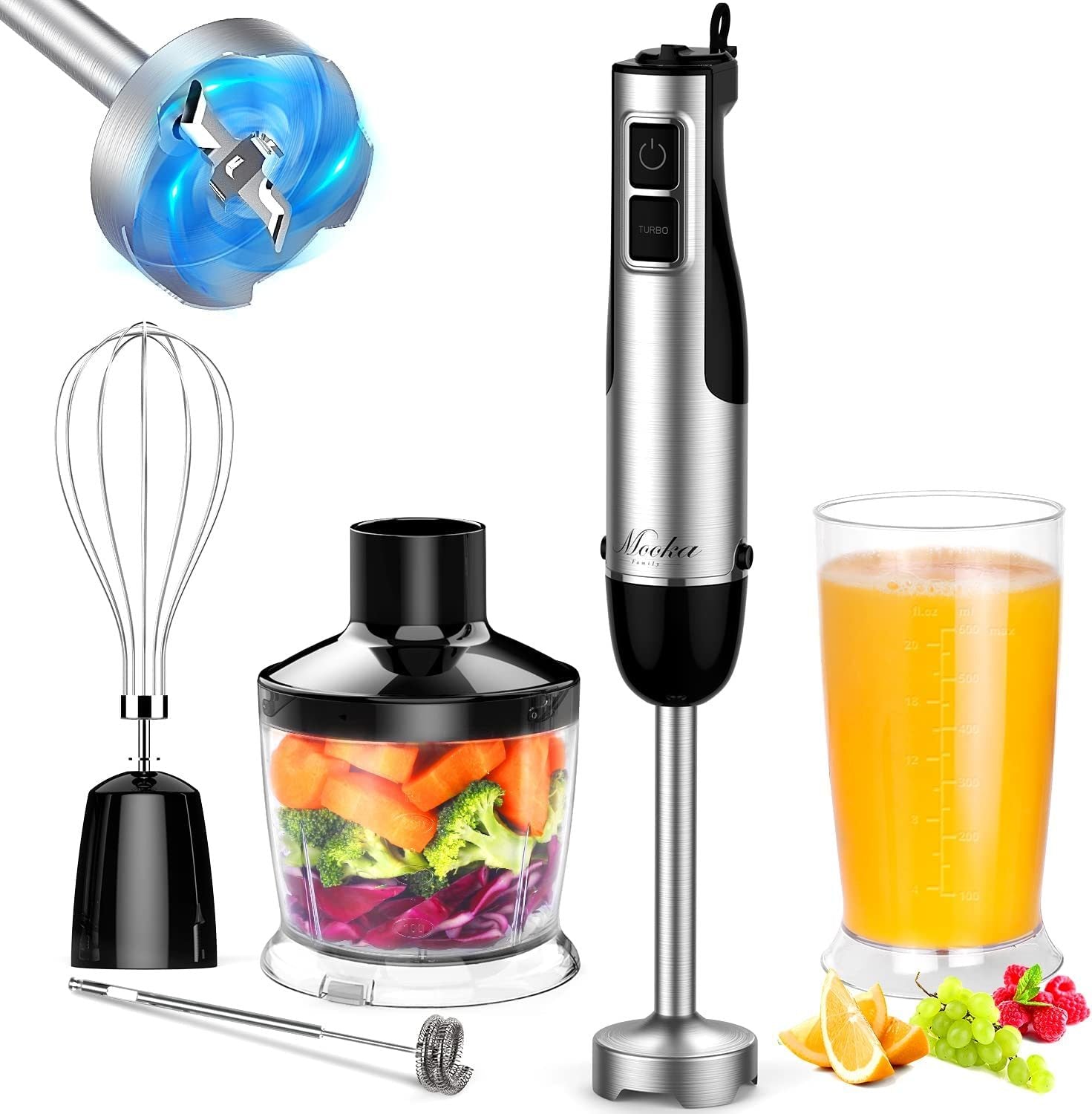 Immersion Blender Handheld, 1100W 5-in-1 Multi-Purpose Hand Blender, 12-Speed Stick Blender, 600ml Beaker, 500ml Chopper, Egg Whisk, Milk Frother, Black